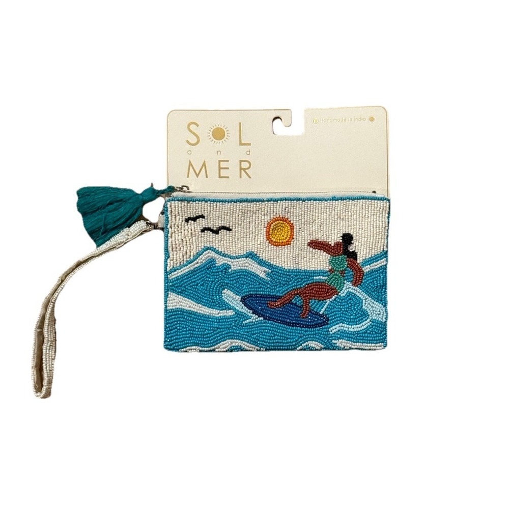 Sol & Mer Beaded Pouch Surf Girl Ocean Summer Boho Wristlet Bag Beach Fun Party‎